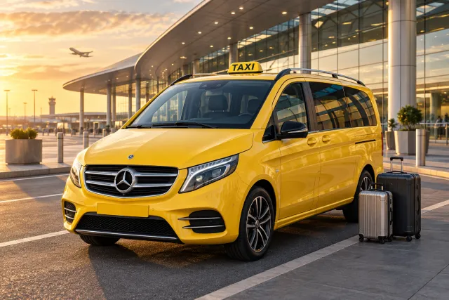Taxi amarillo con equipaje ante una terminal moderna, representando el transporte entre el aeropuerto y Kusadasi