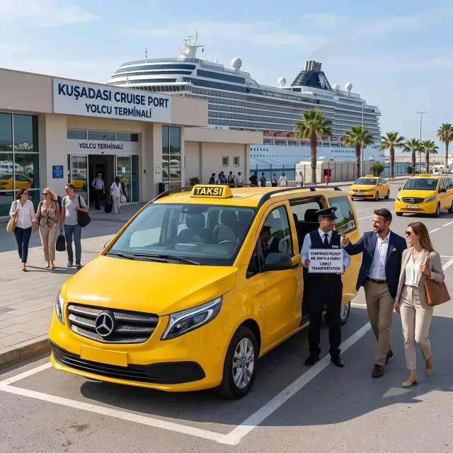 Licensed yellow Kusadasi Cruise Port taxi at the passenger pickup point