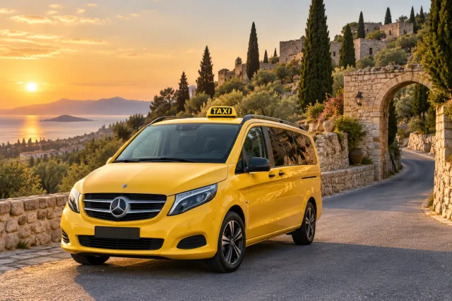 Taxi amarillo en una carretera ficticia, representando el transporte de Kusadasi a la Basílica de San Juan
