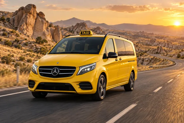 Taxi amarillo en una carretera ficticia de Anatolia, representando el transporte de larga distancia de Kusadasi a Capadocia
