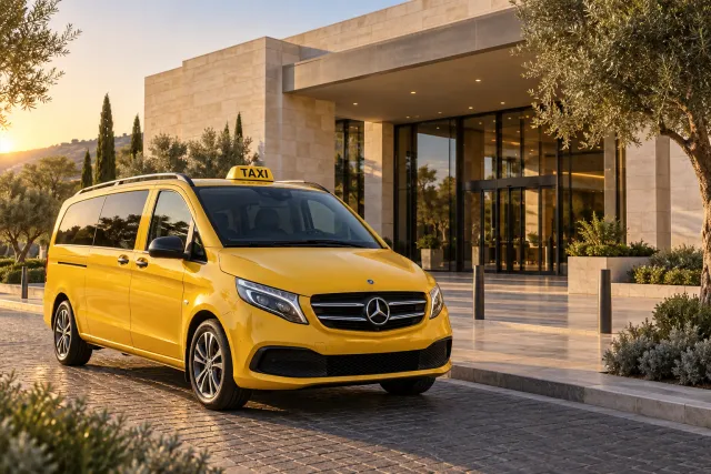 Taxi amarillo ante un museo ficticio, representando el transporte de Kusadasi al Museo de Éfeso