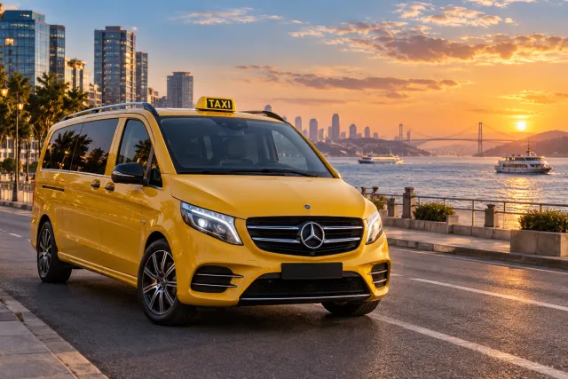 Taxi amarillo ante una ciudad costera ficticia, representando el transporte de larga distancia de Kusadasi a Estambul