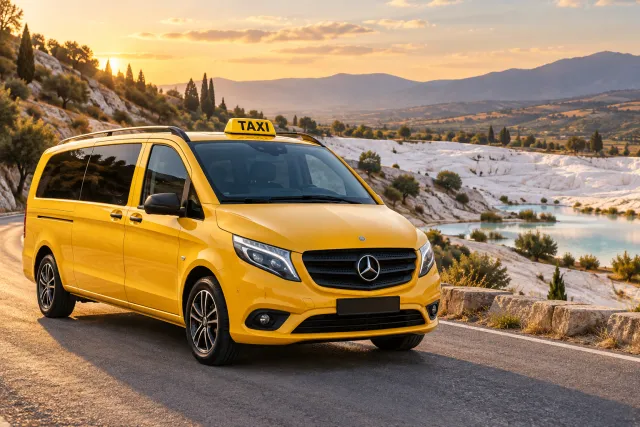 Taxi amarillo ante un paisaje mineral ficticio, representando el transporte de Kusadasi a Pamukkale y Hierápolis