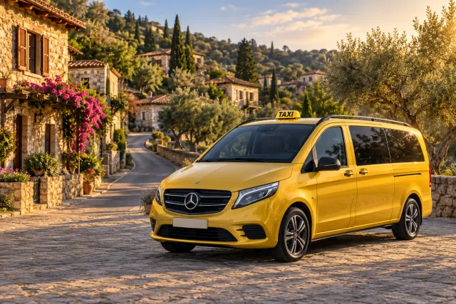 Taxi amarillo en una carretera rural, representando el transporte en taxi de Kusadasi a Sirince