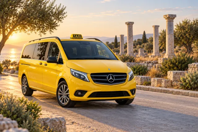 Taxi amarillo junto a columnas de piedra ficticias, representando el transporte de Kusadasi al Templo de Apolo