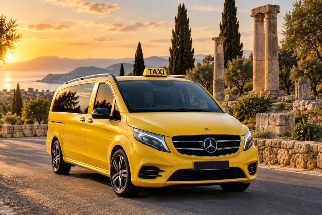 Taxi amarillo junto a columnas de piedra ficticias, representando el transporte de Kusadasi al Templo de Artemisa